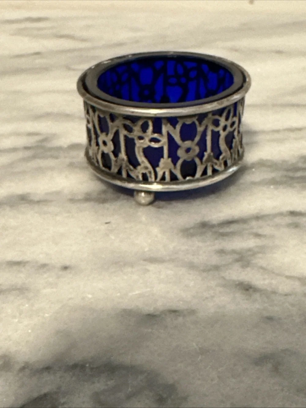 Antique sterling silver with cobalt blue glass insert salt cellar
